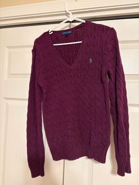 Polo by Ralph Lauren Women's Cable Knit V-Neck Sweater in Plum